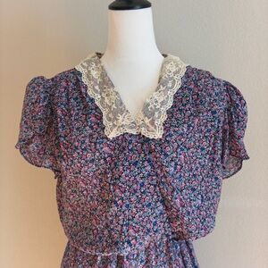 Vintage Alison Peters Petite Floral Prairie Dress, Lace Collar, Cottagecore